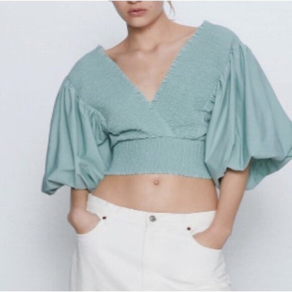 Zara Size Medium Teal Puff Ballon Sleeve V Neck Ruched‎ Cropped Top Stretchy - Picture 1 of 11